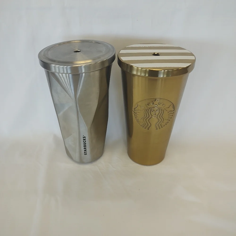 Starbucks set of 2 Grande 16 oz cold brew tumblers chisled prism silver and gold